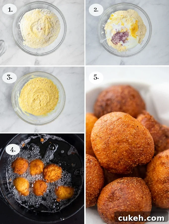 A bowl of golden crisp and soft not dense hush puppies. A recipe for amazing hush puppies