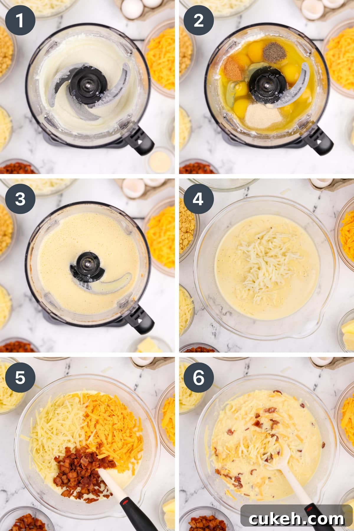 A food processor blends cottage cheese and eggs until smooth, then adds in shredded cheese and bacon.