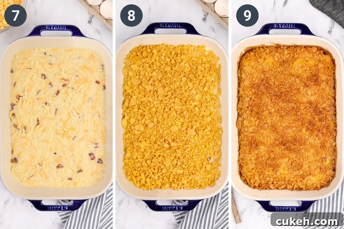 A baking dish filled with an egg mixture, then topped with crispy cornflakes.