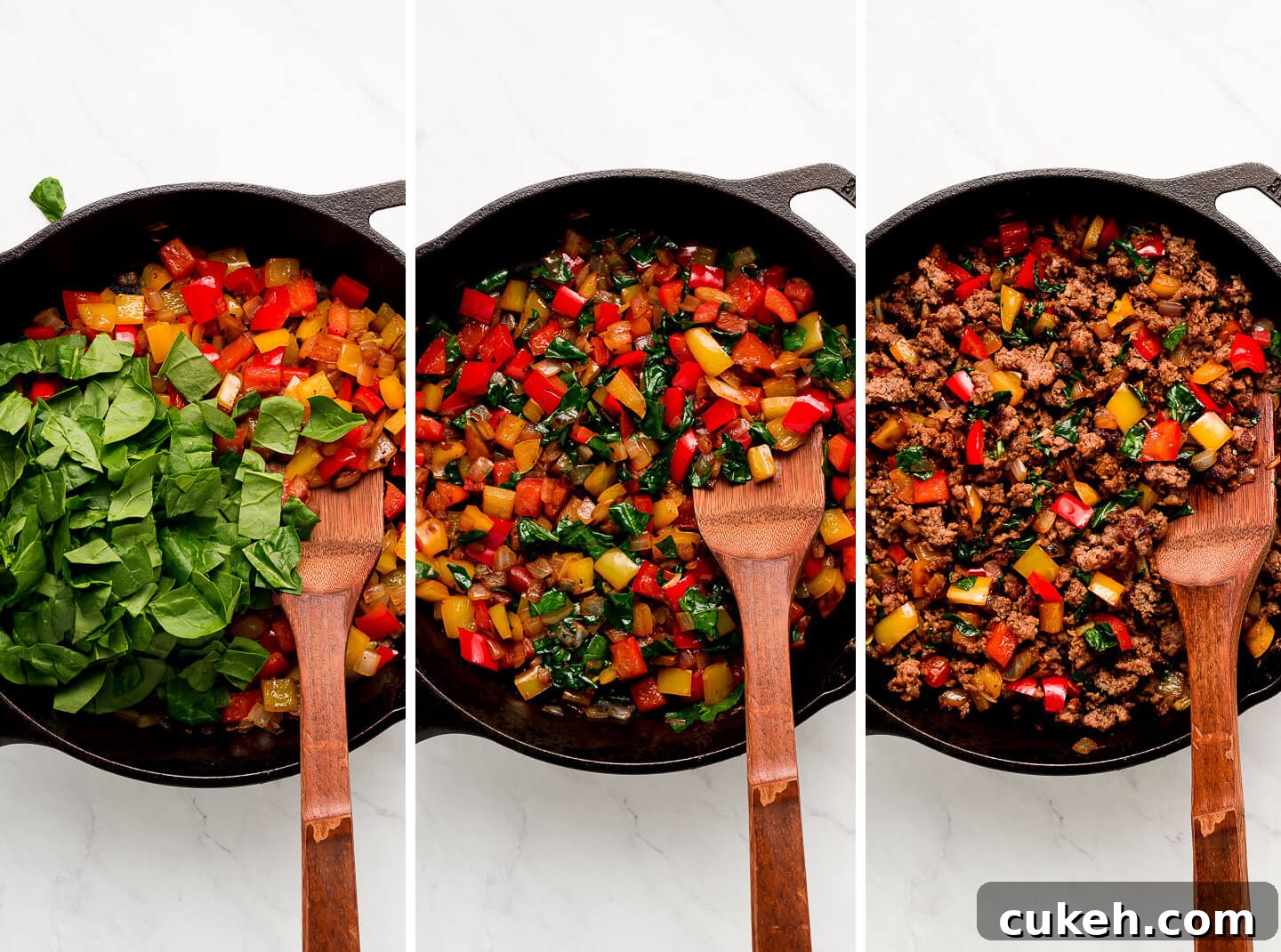 Sautéed peppers, spinach and sausage mixed.