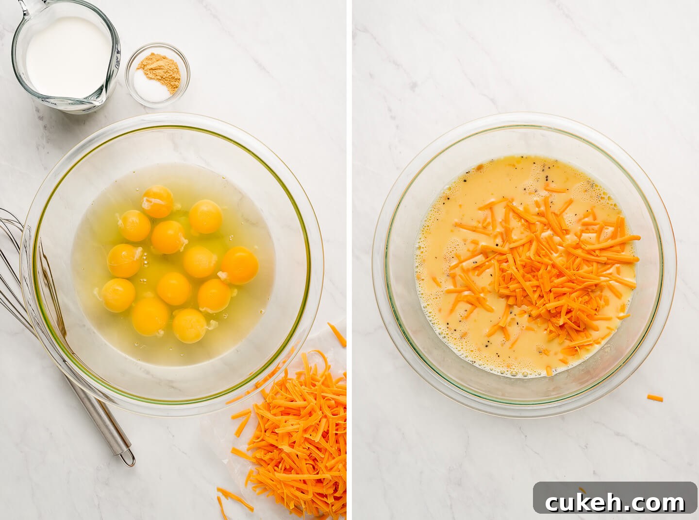 Eggs and milk mixed with cheese.
