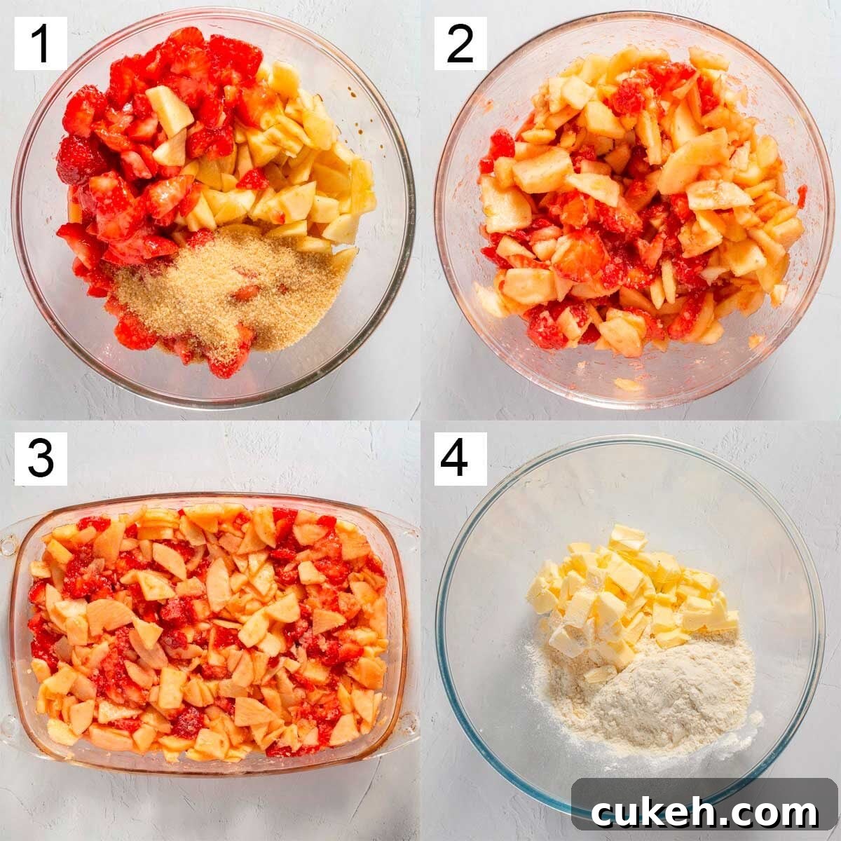 Strawberry Apple Crisp with Cinnamon Oat Topping 5 Labelled numbered shots of making a recipe including chopped strawberries and apple in a bowl, mixed with sugar, in a plate, and then a bowl of butter and flour.