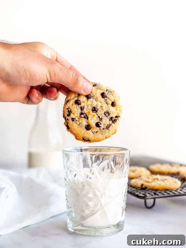 hand holding a chocolate chip cookie over a glass of milk