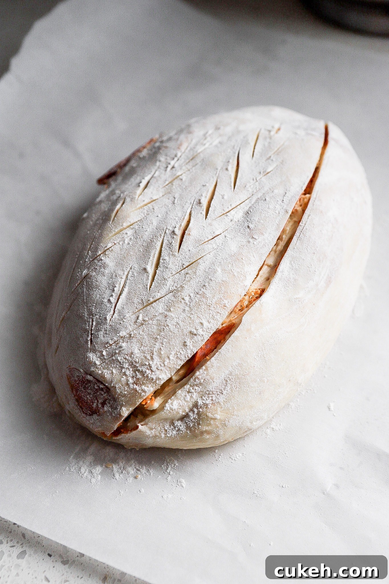 Side angle of sourdough bread load on parchment paper ready for the oven.