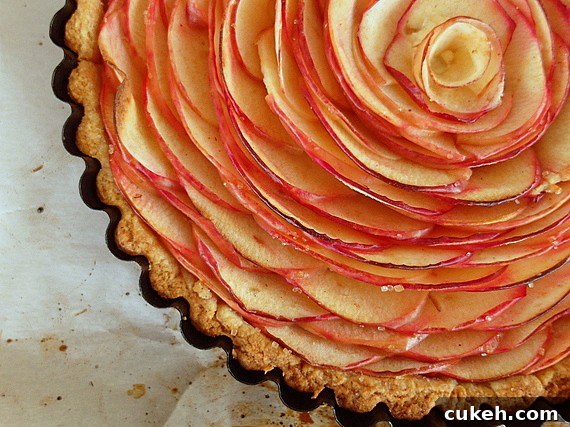 A chai apple cheesecake tart in a tart pan.