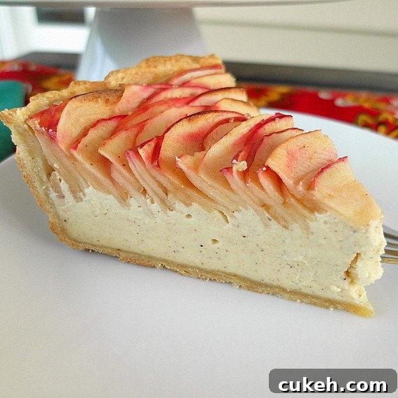 A side view of a slice of apple chai cheesecake tart on a white plate.