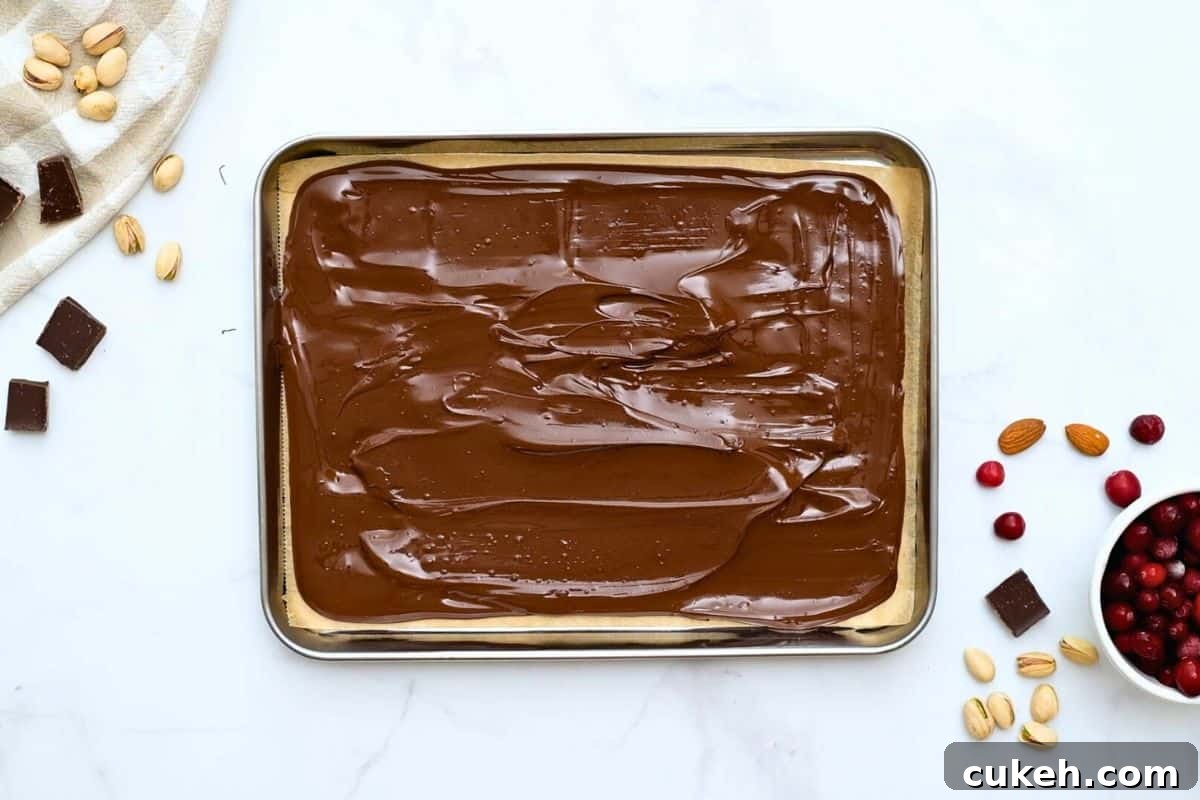 Melted dark chocolate spread into ¼-inch thickness on piece of parchment paper on baking sheet.