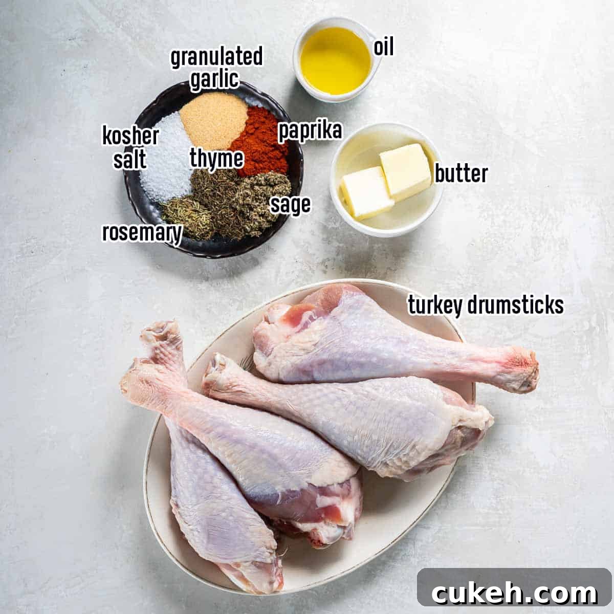 Seasonings and turkey drumsticks on a plate with butter and oil in small bowls with text overlay.