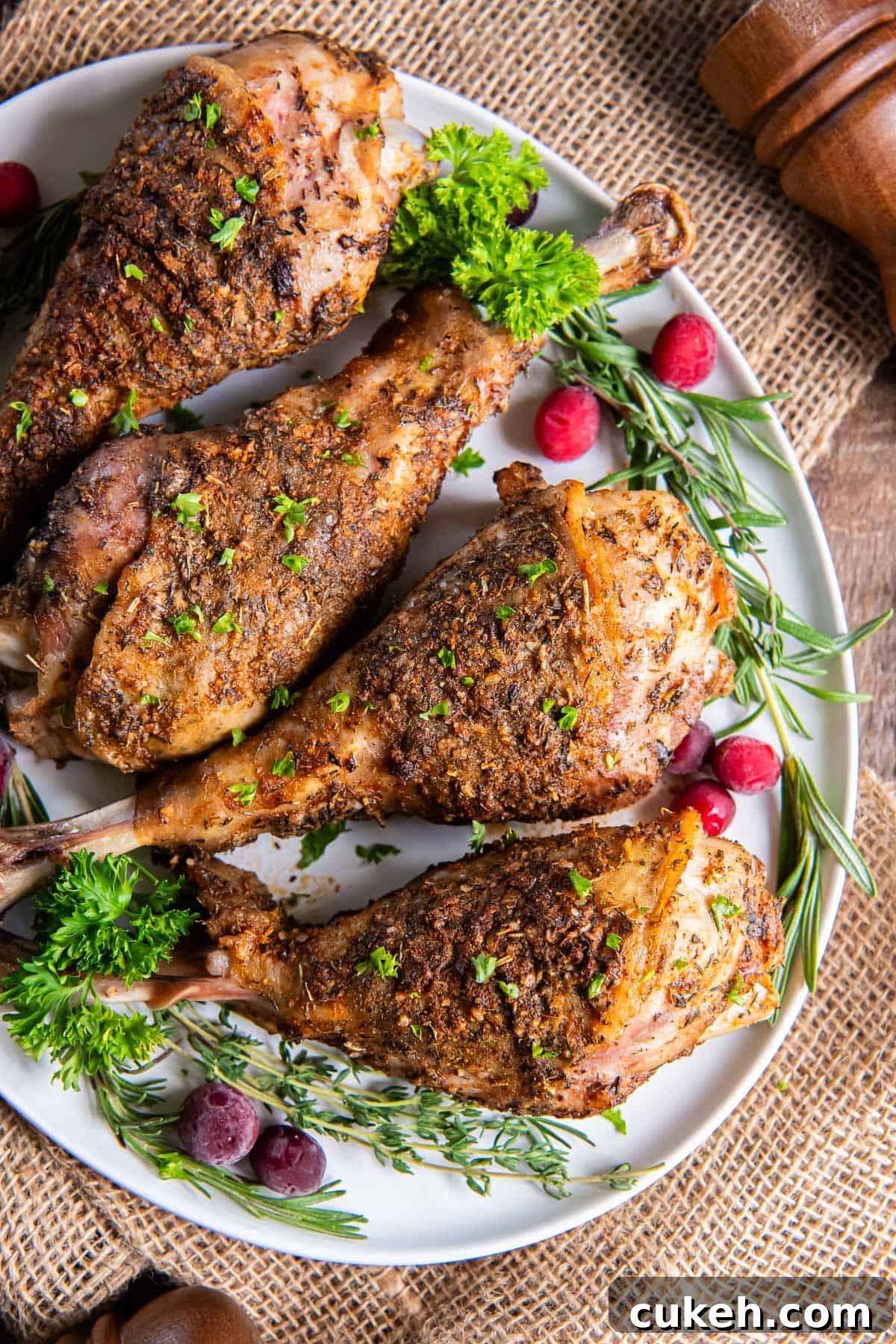 Roasted turkey drumsticks on a white platter with fresh herbs and cranberries.