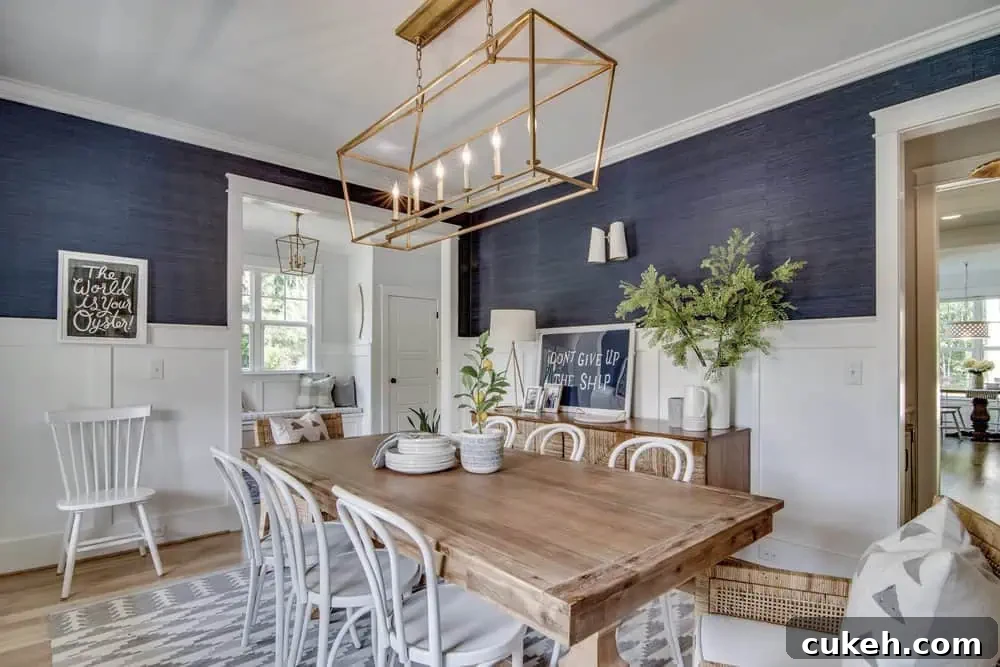 looking out through navy blue dining room into entry