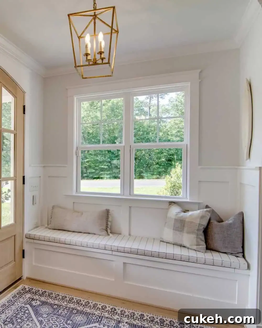 entry with built in bench and brass darlana light