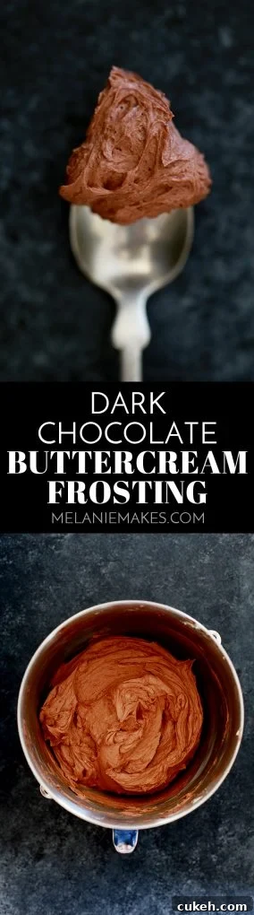 This decadent, five ingredient Dark Chocolate Buttercream Frosting takes just five minutes to prepare. You'll never stray towards the aisles of canned frosting again with this recipe in your back pocket. #darkchocolate #chocolate #buttercream #frosting