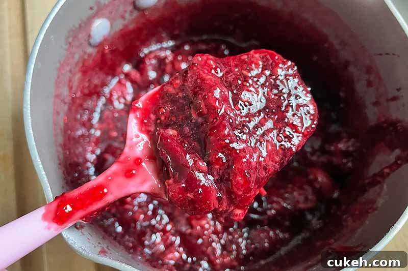 Horizontal image of a thick compote cooking in a pot stirred with a spatula.