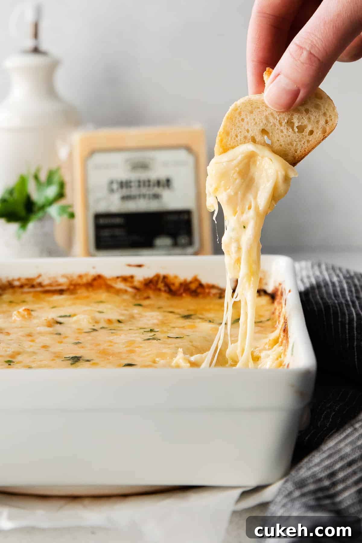 Serve the dip on crostini or chips French onion dip with melty cheese on a crostini.