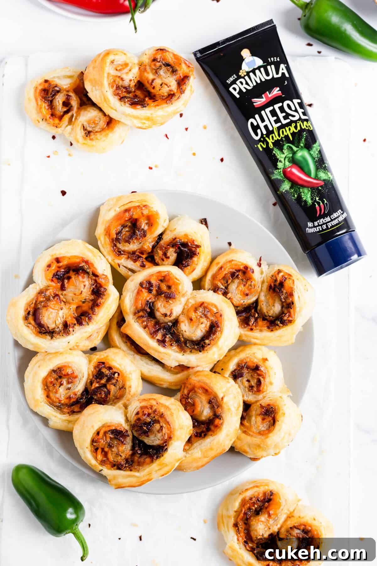 top view of plate with cheese and onion palmiers