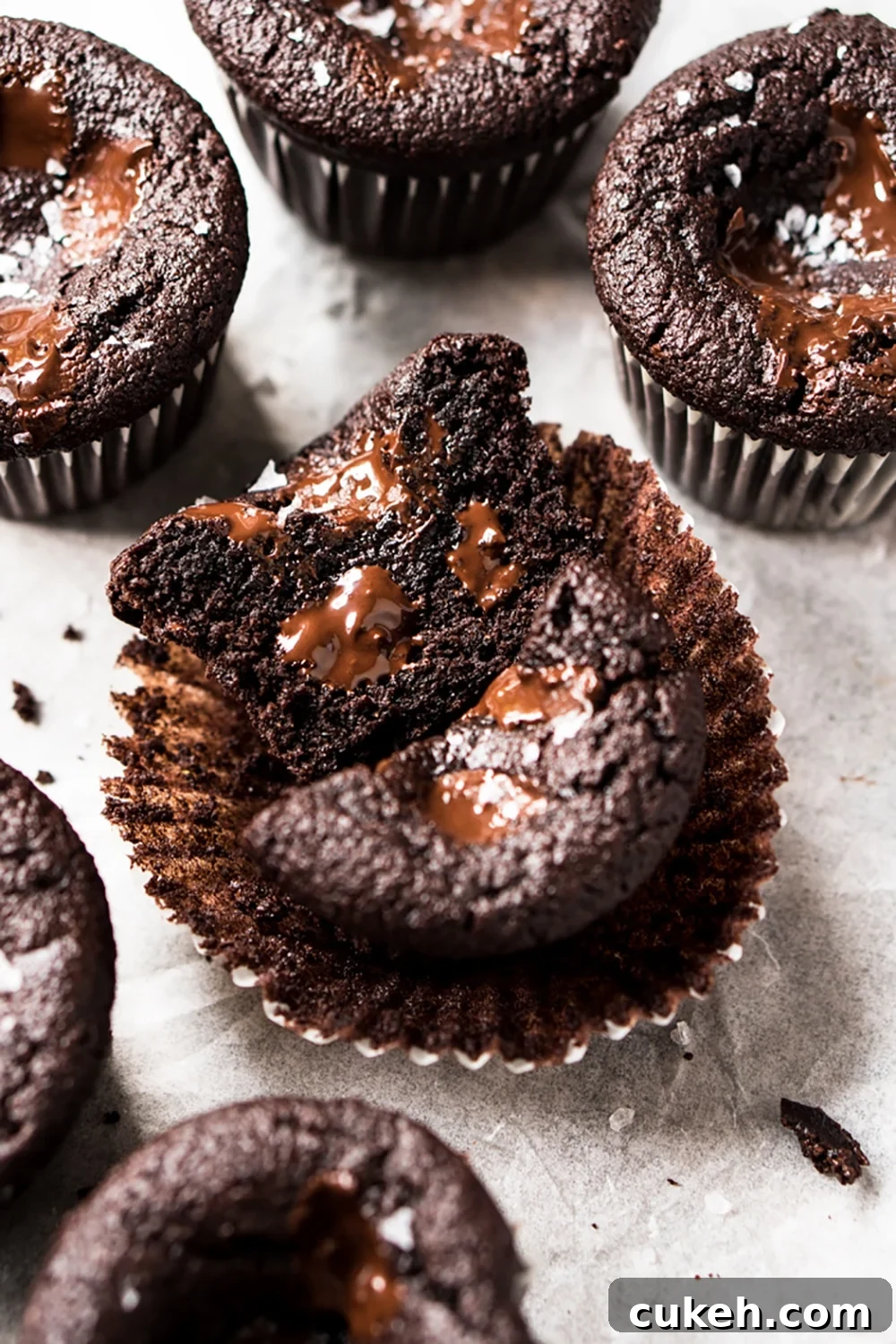 Keto chocolate muffins with chunks and flaky sea salt