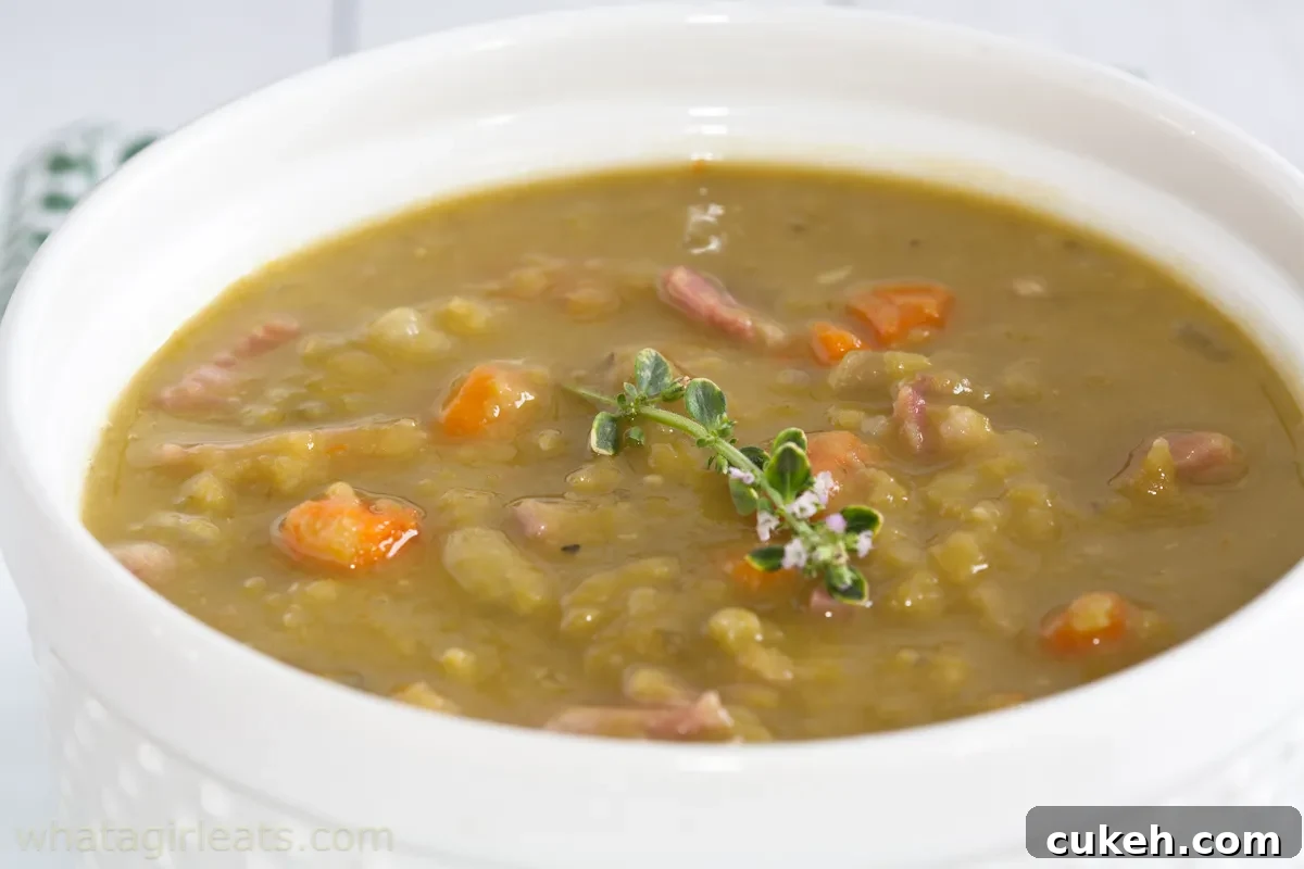 64 Tasty Leftover Ham Recipes for Every Meal 6 Sideview of a bowl of split pea and ham soup