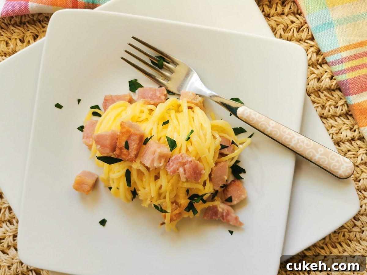 64 Tasty Leftover Ham Recipes for Every Meal 7 Top down view of a plate holding pasta and diced ham.