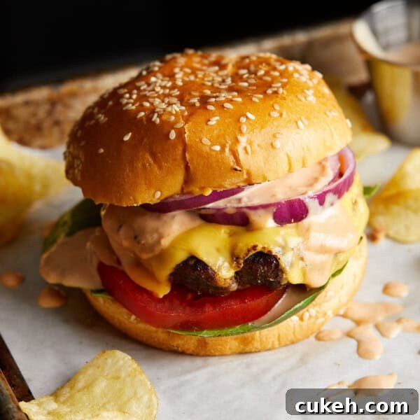 Finished cheeseburger on a sesame bun with lettuce, tomato, and red onion.