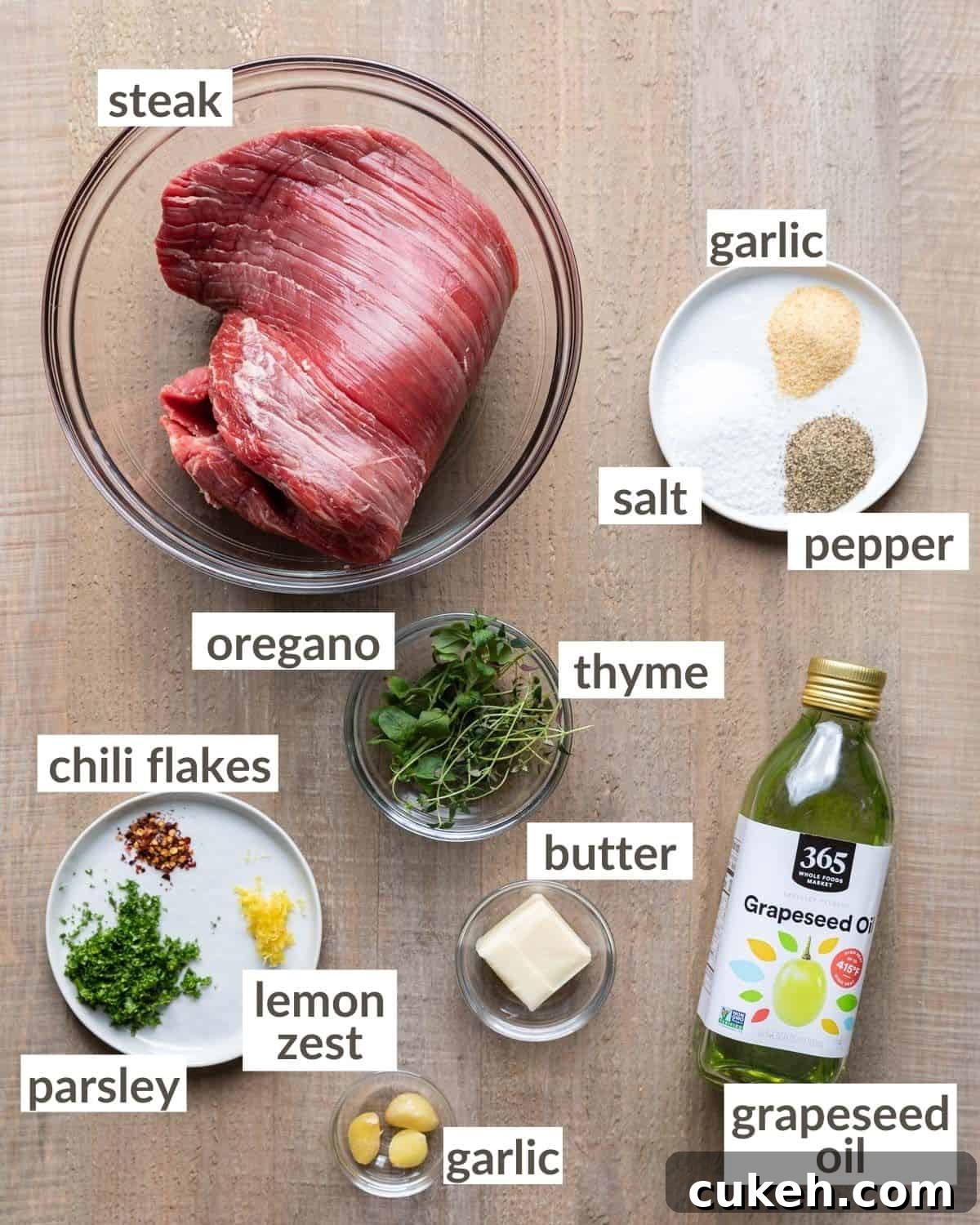 Overhead image of ingredients needed to make cast iron flank steak.