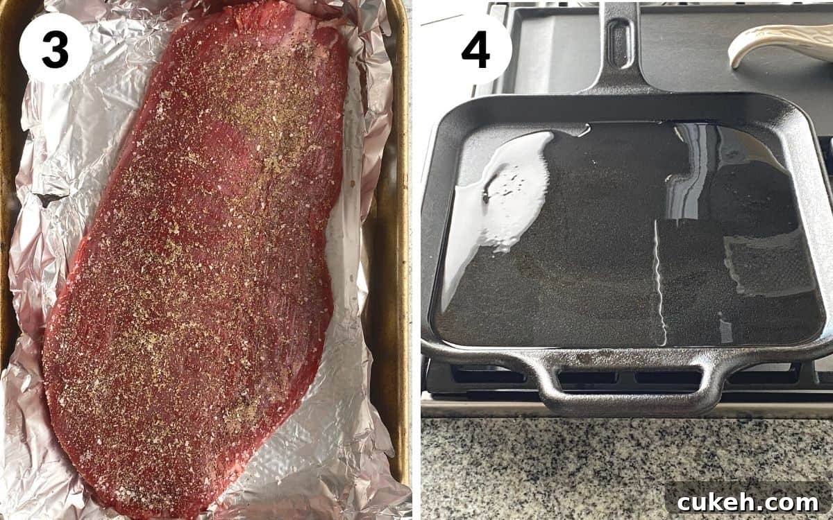A 2 photo collage showing steps 3 and 4 to make cast iron flank steaks.