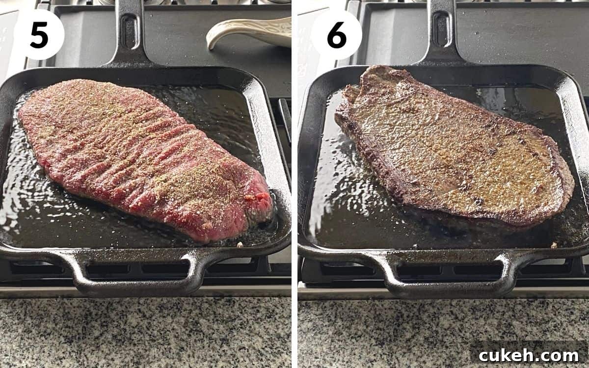 A 2 photo collage showing steps 5 and 6 to make cast iron flank steaks.