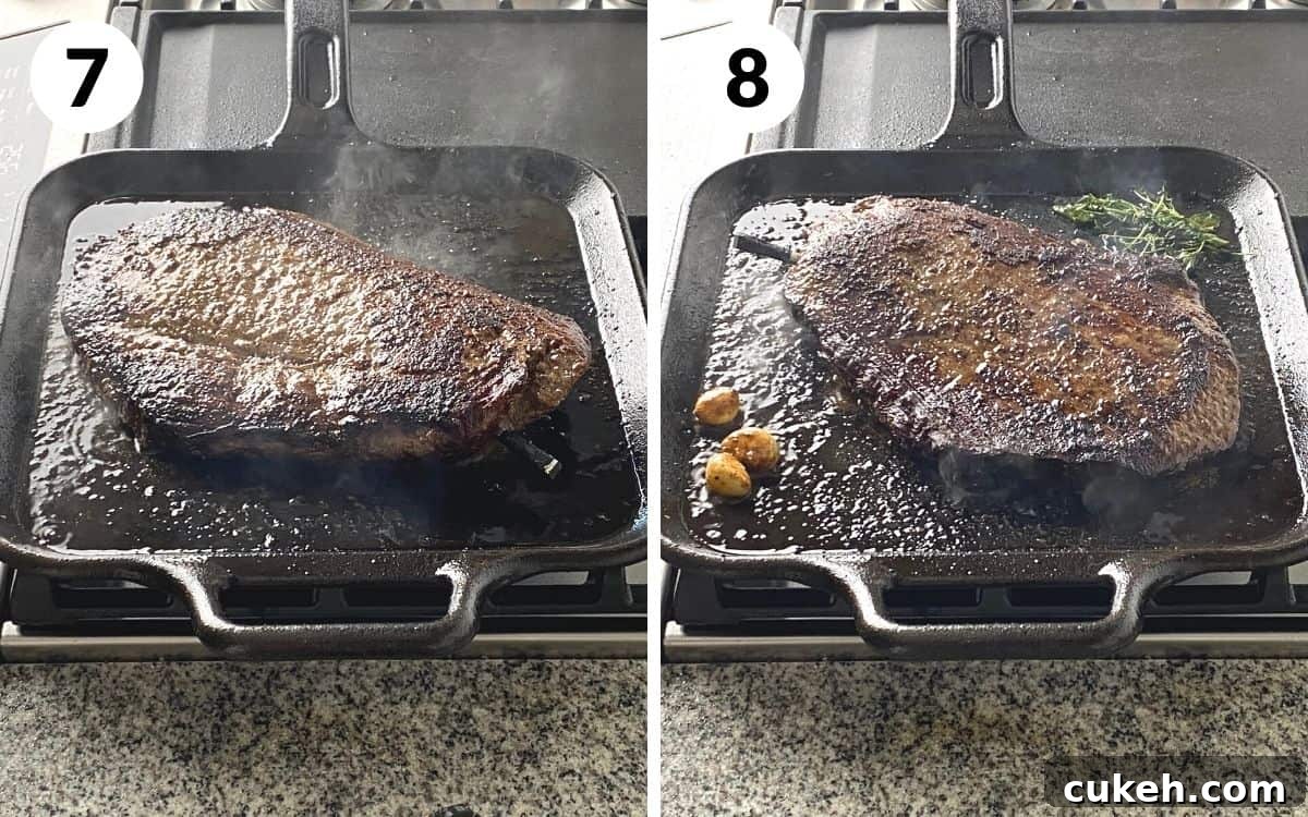 A 2 photo collage showing steps 7 and 8 to making cast iron flank steak.