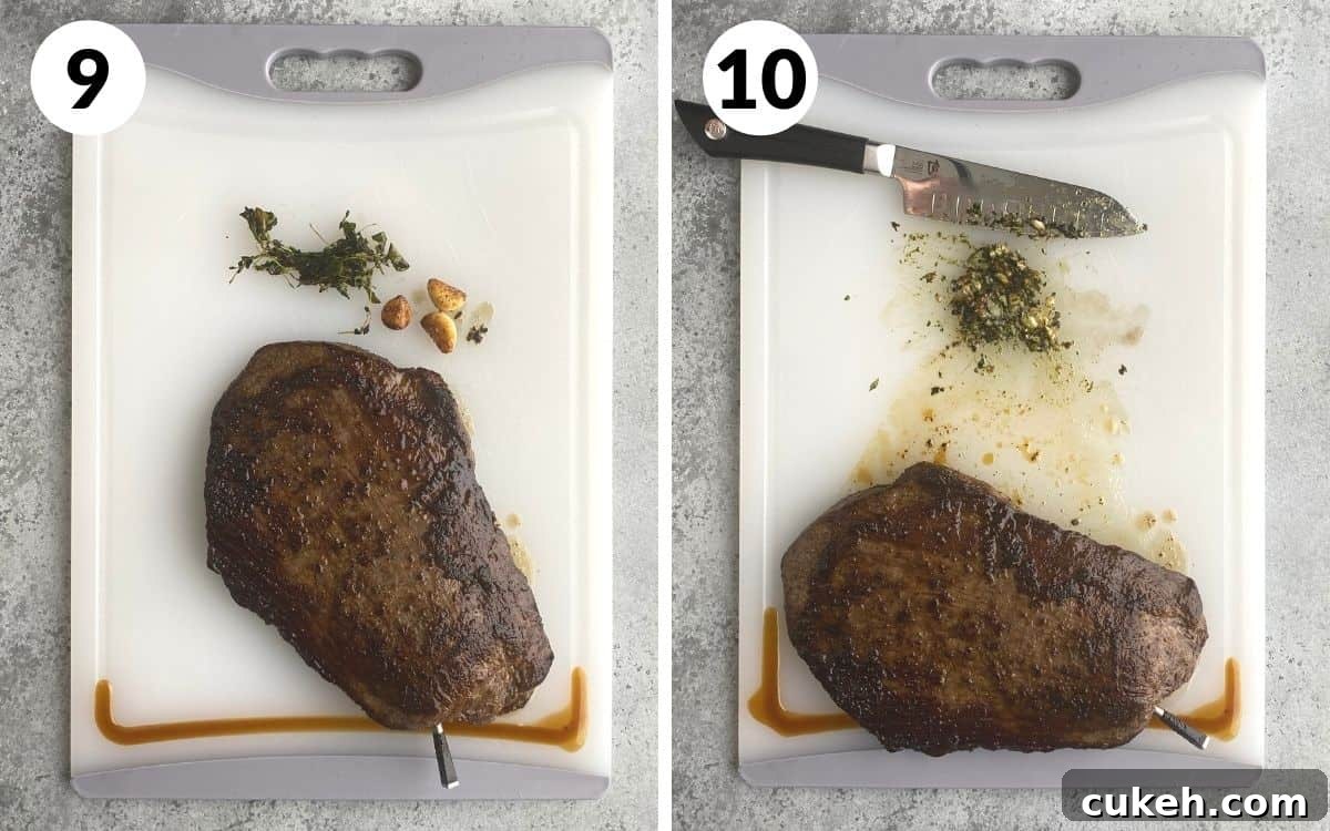A 2 photo collage showing steps 9 and 10 to make cast iron flank steak.