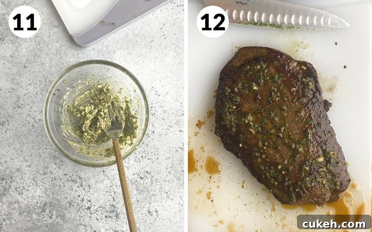 A 2 photo collage showing steps 11 and 12 for cast iron flank steaks.