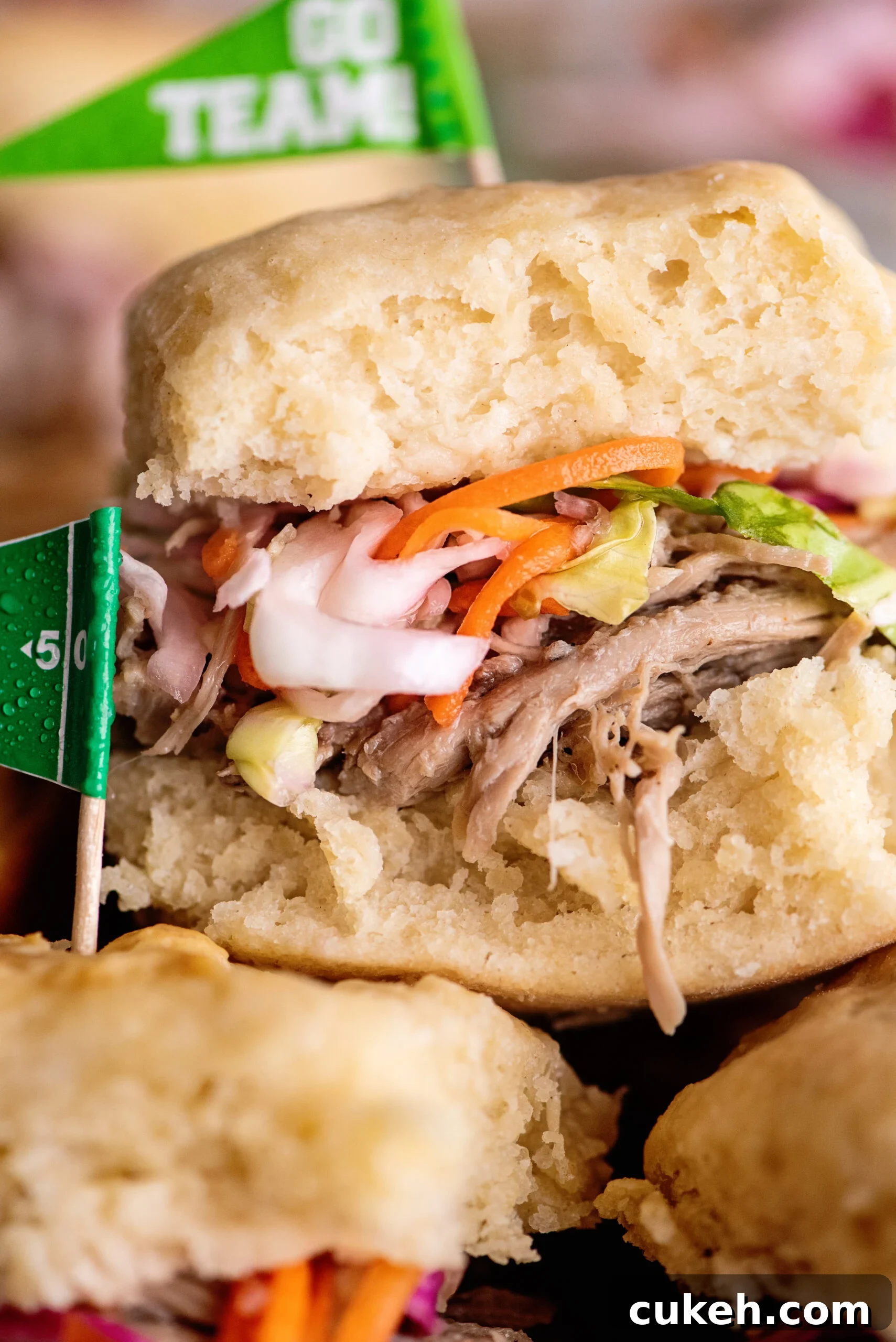 Close-up of pulled pork slider.
