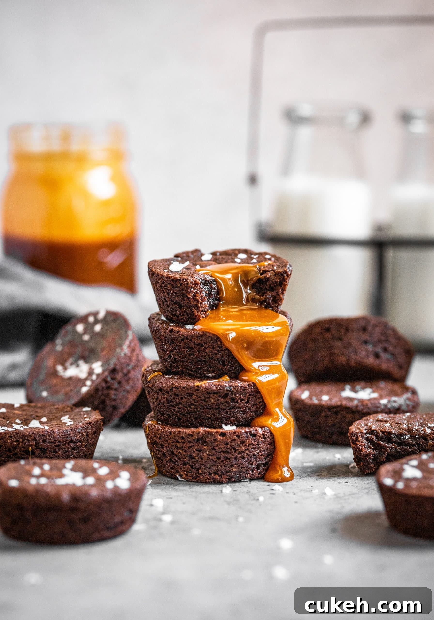 Salted caramel dripping down muffin tin brownie stack