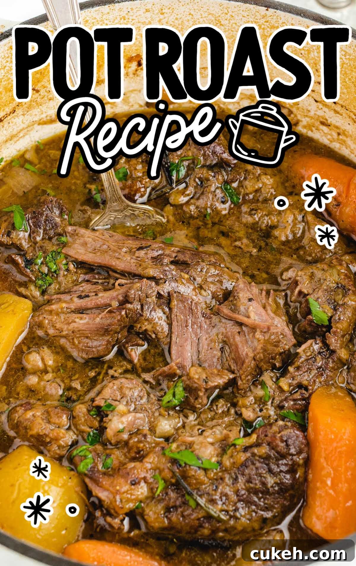 close up shot of a pot of Pot Roast garnished with parsley