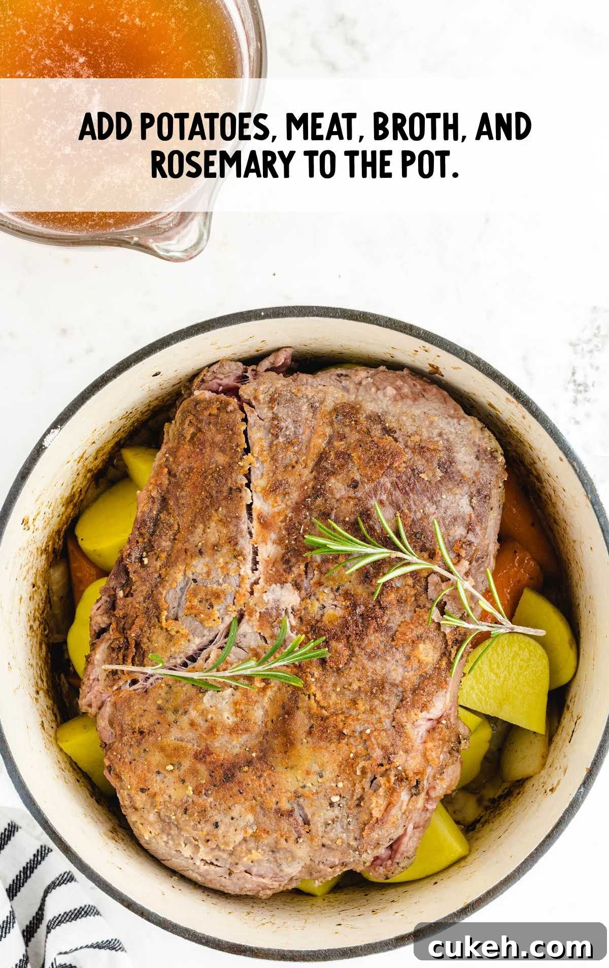 potatoes, meat, broth, and rosemary added to a pot