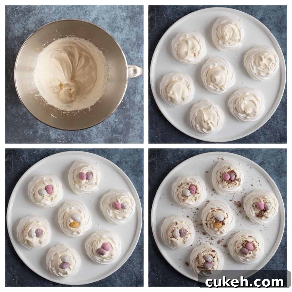 Assembling Easter meringues - step by step process shots.