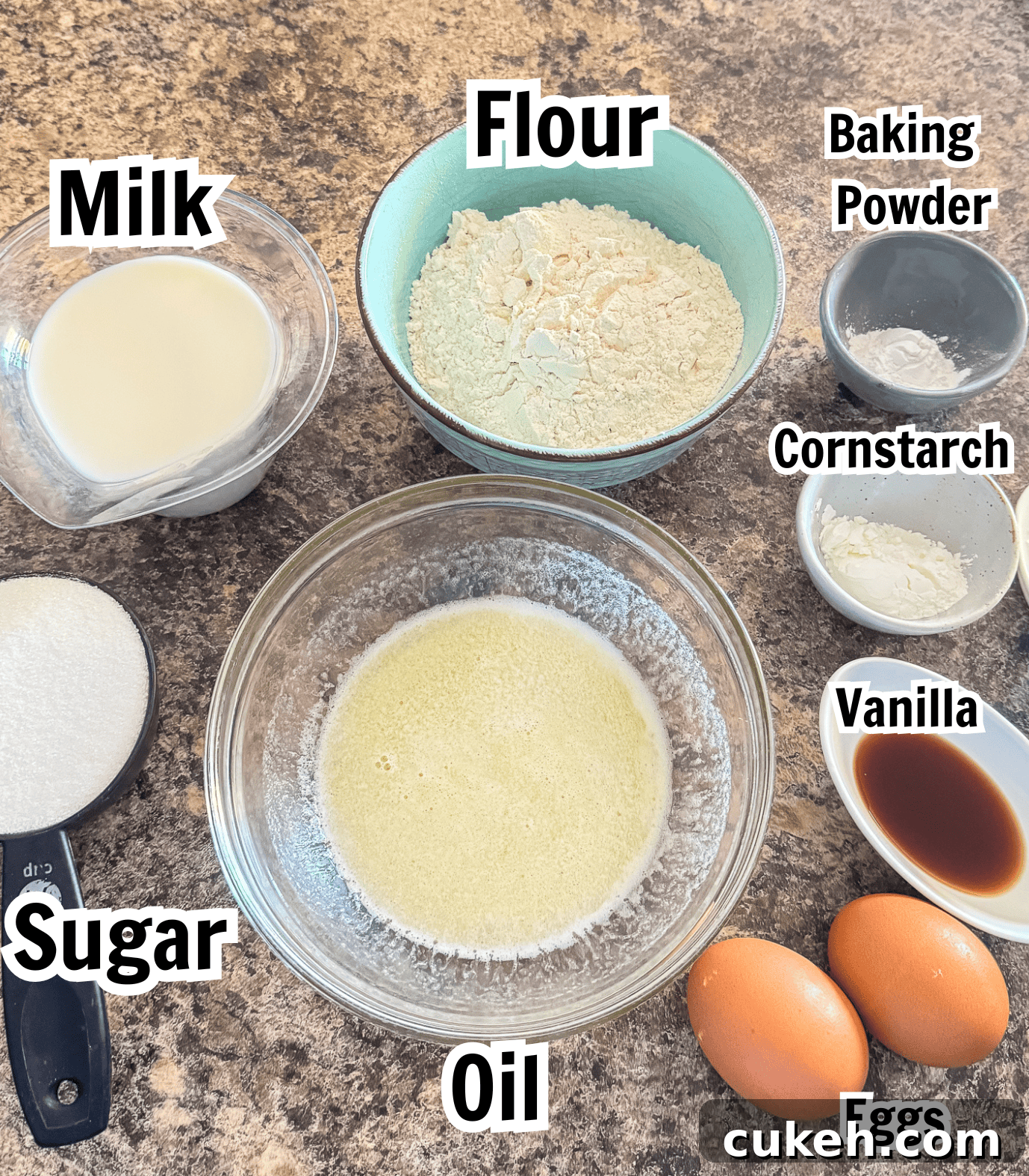 ingredients including milk, sugar, oil, flour, baking powder, cornstarch, vanilla, and eggs.