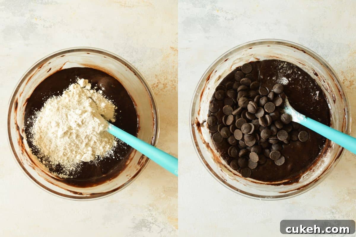 brownie batter with flour on top, brownie batter with chocolate chips on top