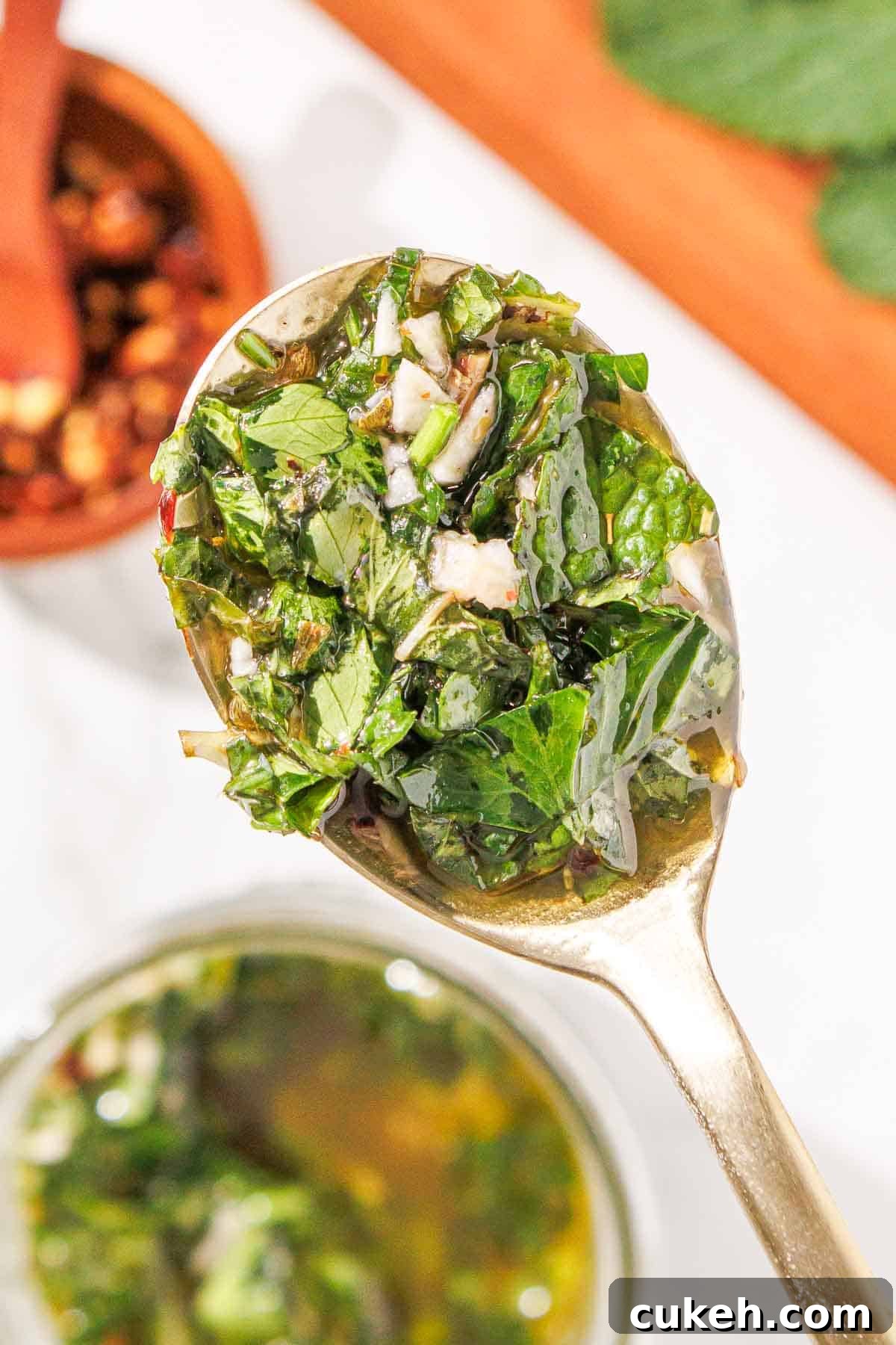 Fresh Mint Chimichurri Sauce Recipe for Grilled Meats & Veggies 9 A spoonful of mint chimichurri, held above a jar of the same mixture, with a bowl of whole spices in the background.