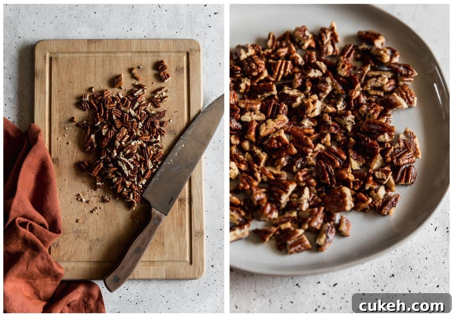 Two images; on the left, a wood cutting board topped with chopped pecans and a knife on a grey table next to an orange napkin. On the right, a closeup of toasted pecans on a white plate.