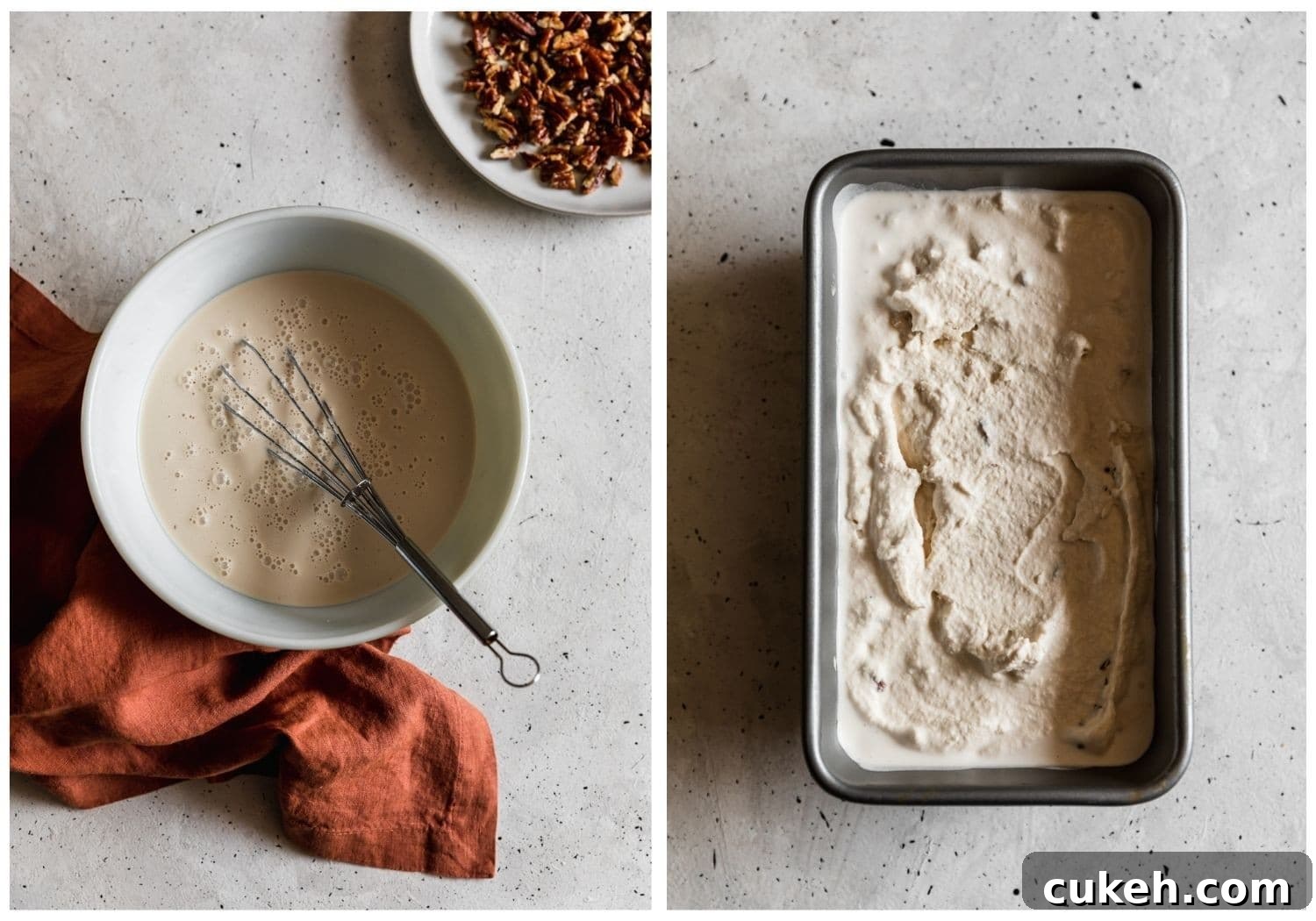 Two overhead images; on the left, a white bowl filled with cream and a whisk on a grey counter next to a white plate of pecans and dark orange linen. On the right, a metal bread pan filled with ice cream.