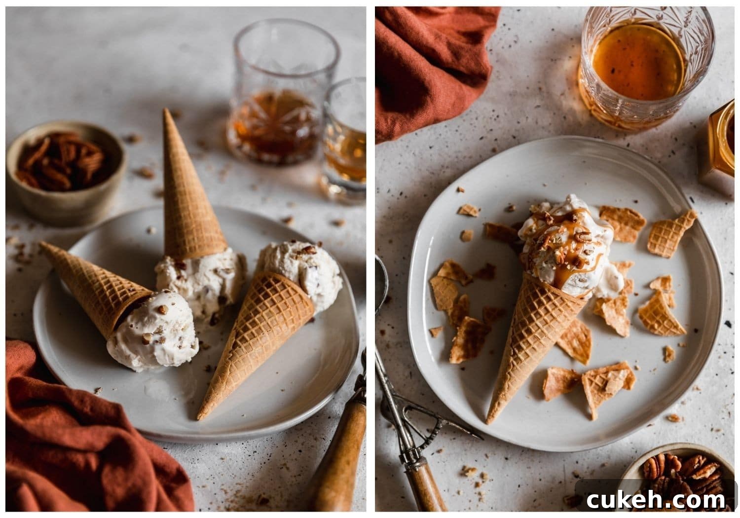 Two images; on the left, a side image of three ice cream cones with bourbon butter pecan ice cream on a white plate with two glasses of bourbon and a cream bowl of pecans in the background. On the right, an overhead of an ice cream cone topped with caramel and pecans on a white plate on a white counter. Next to the plate is an orange linen, glass of bourbon, jar of caramel, and vintage ice cream scoop.