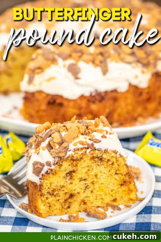 slice of butterfinger cake on a plate with text overlay
