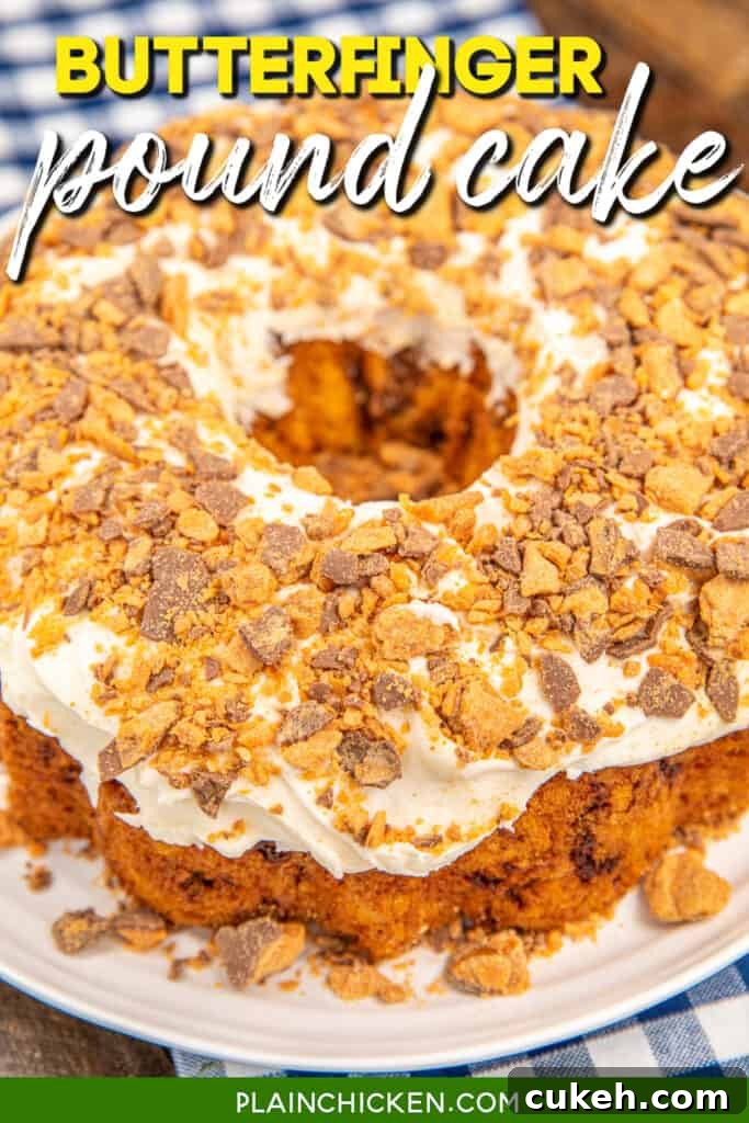 whole butterfinger pound cake on a plate with text overlay