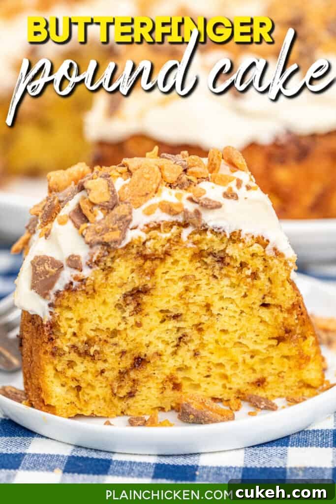 slice of butterfinger cake on a plate with text overlay