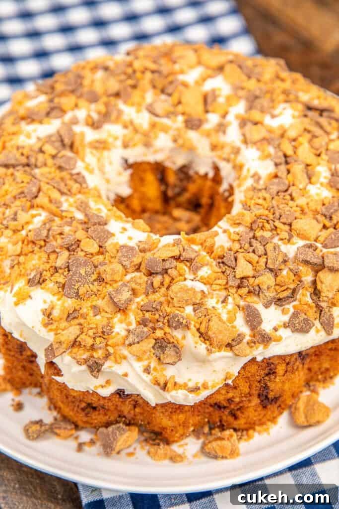 whole butterfinger pound cake on a platter