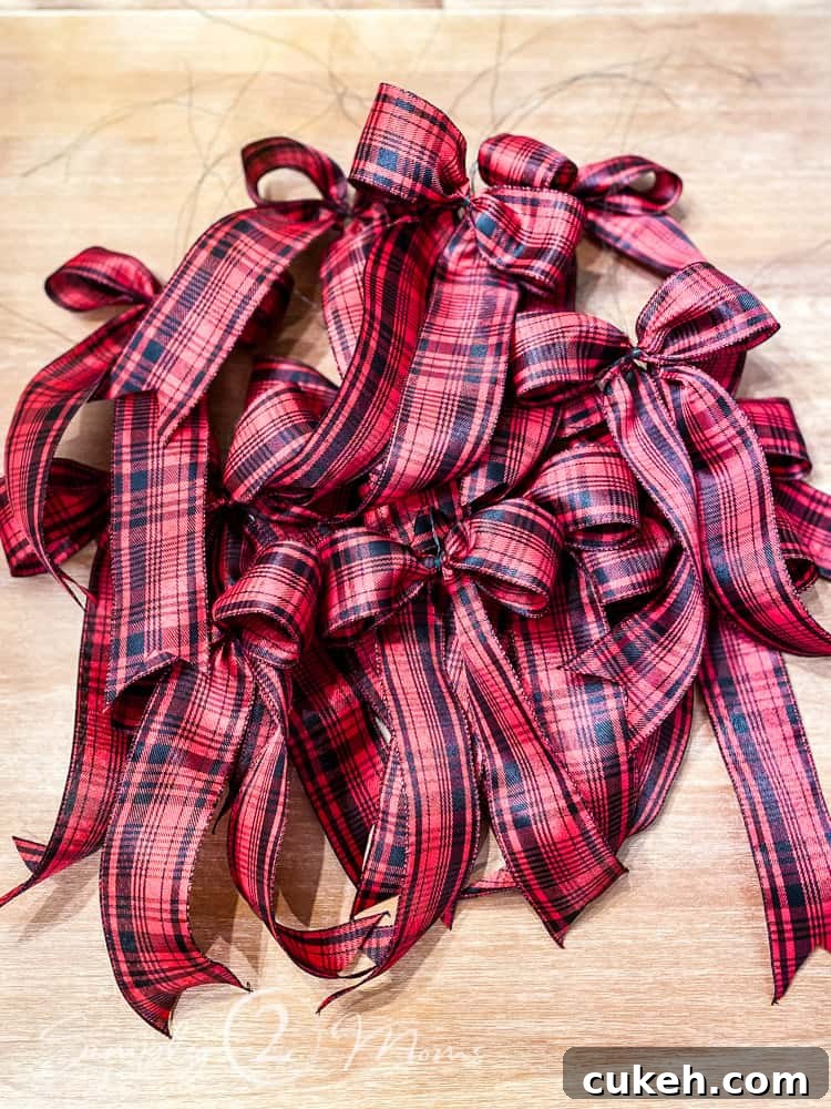 pile of completed holiday bows on table