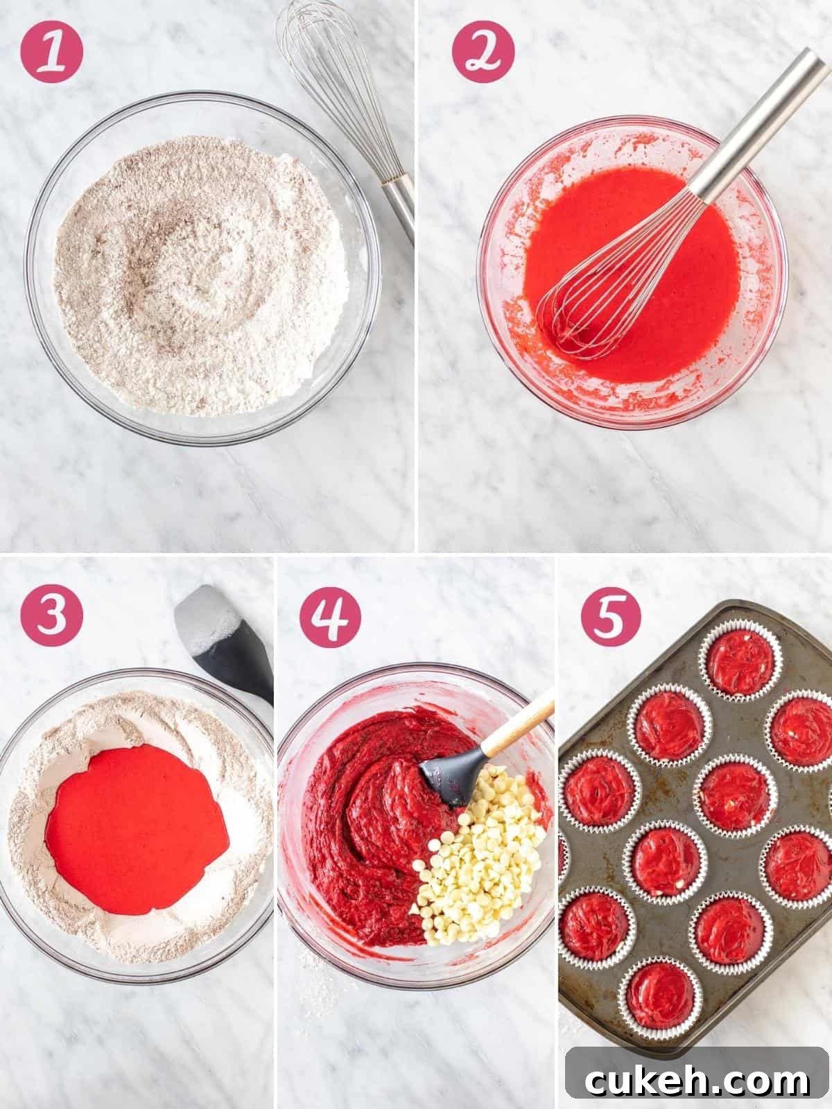 Collage of 5 photos making red velvet muffins