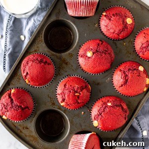 Pan of red velvet muffins