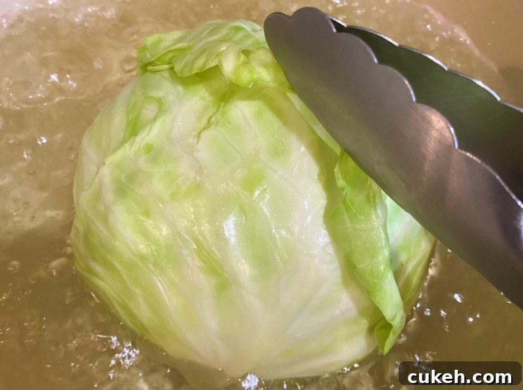 soften cabbage leaves for cabbage rolls in boiling water