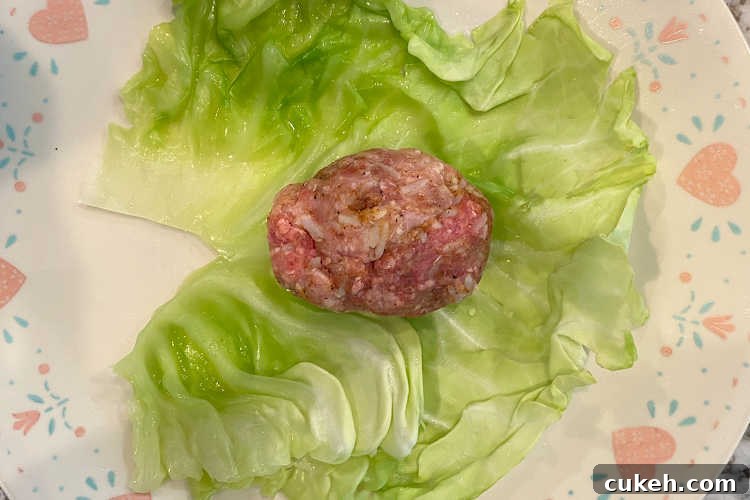 meat and rice mixture on a cabbage leaf