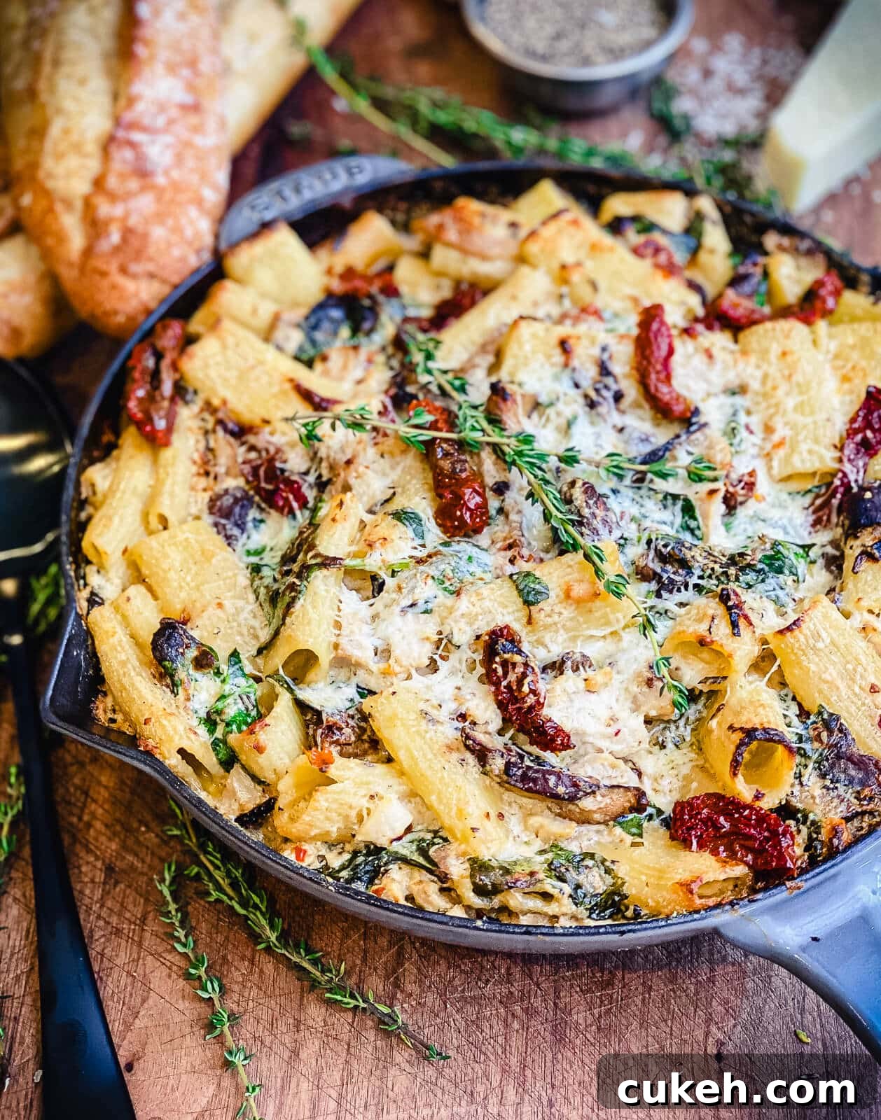 creamy chicken mushroom rigatoni in a gray pan